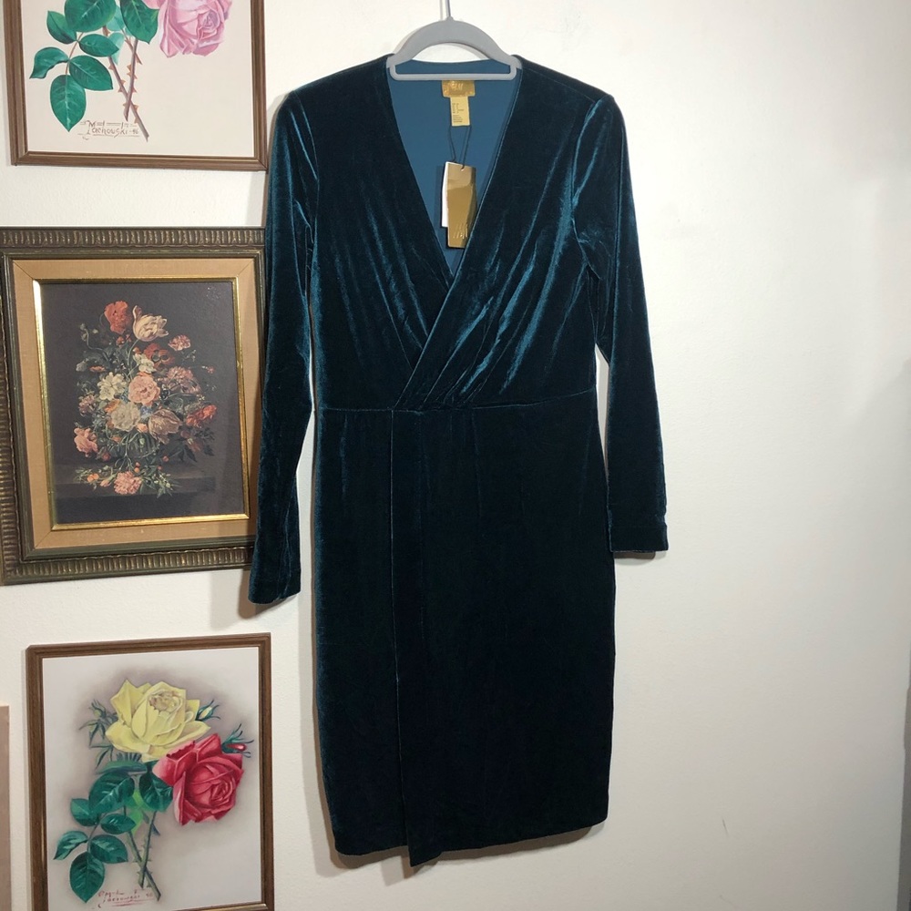 HM Blue Green Faux Wrap Velvet Dress